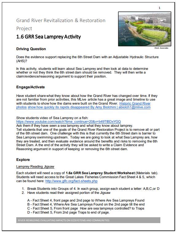 Page 1 of the lesson plan 1.6 Sea Lamprey Activity